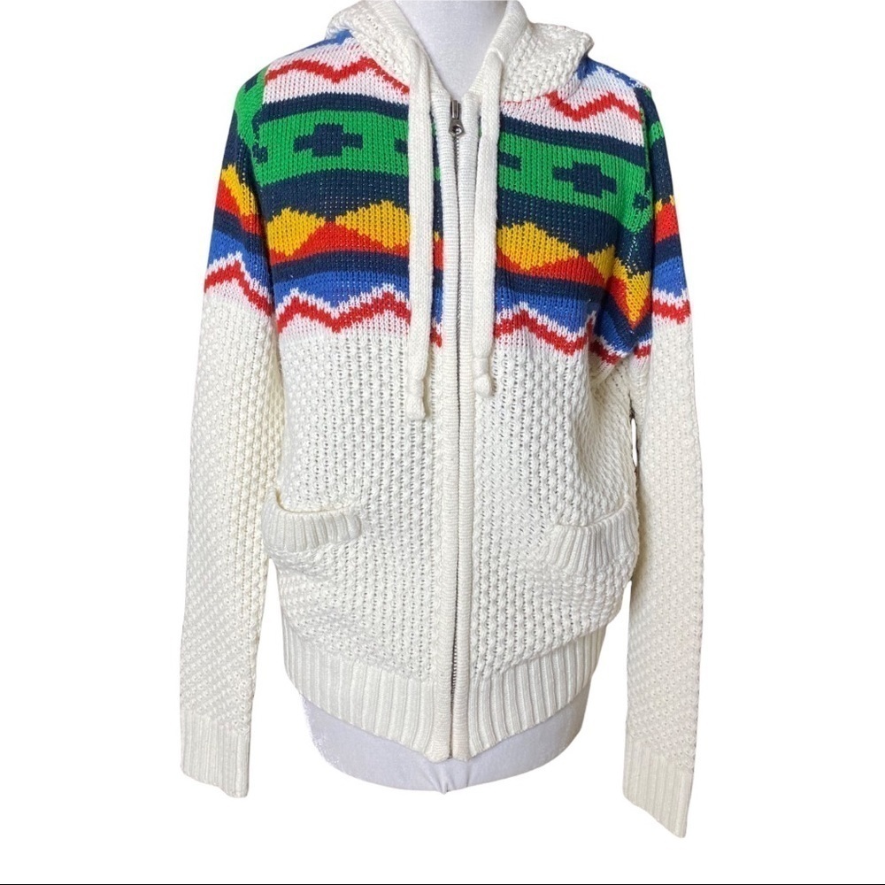 Fishbone Colorful Zip-Up Hooded Cardigan. Size Small